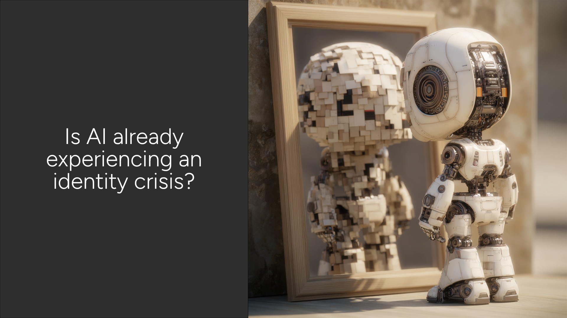 A robot looking into a mirror and seeing a pixellated and distorted reflection of itself.