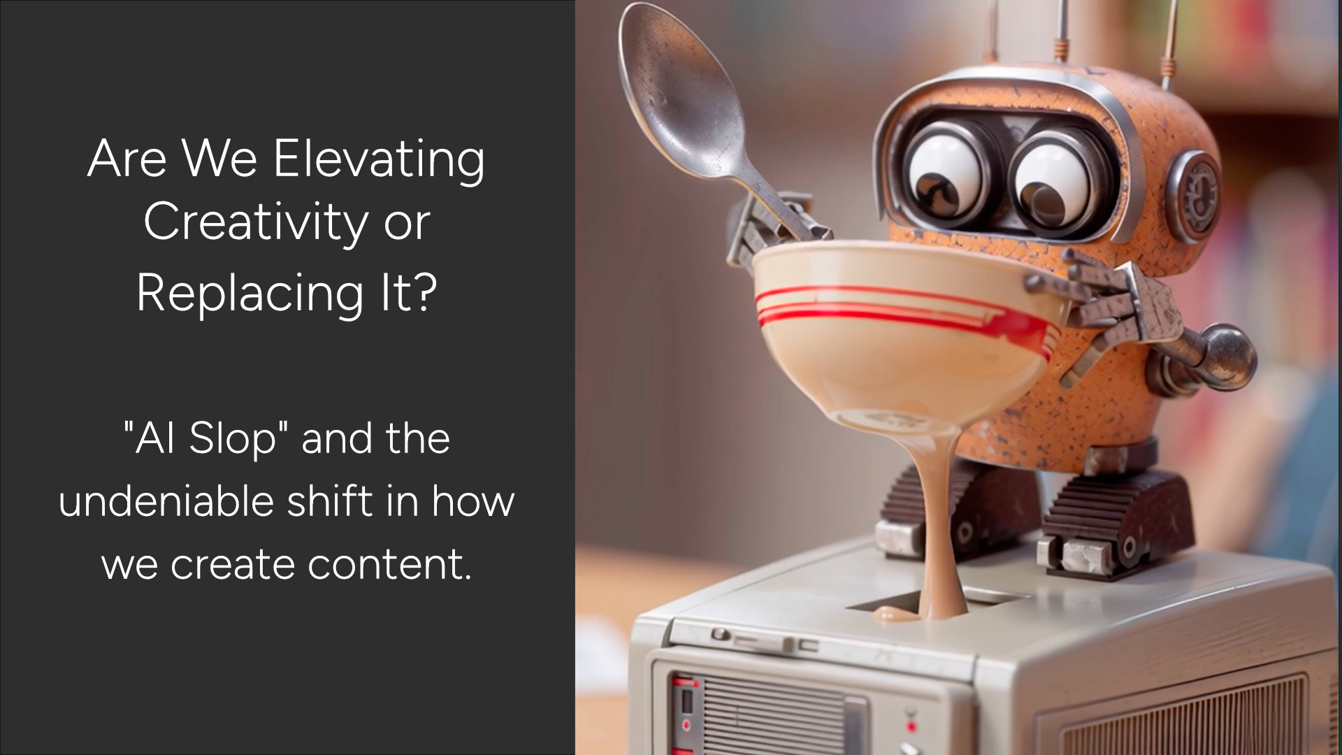 Image representing "AI Slop" - a cute robot pouring slop into a computer.