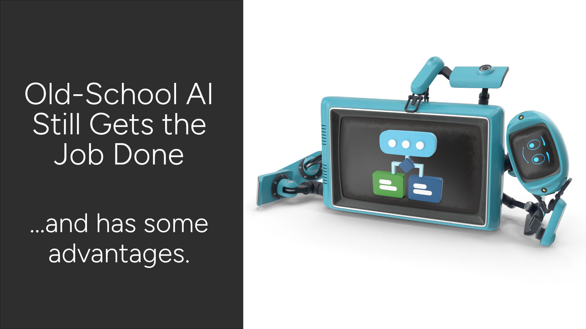 A retro robot striking a pose with a simple flow diagram on a screen in its torso.