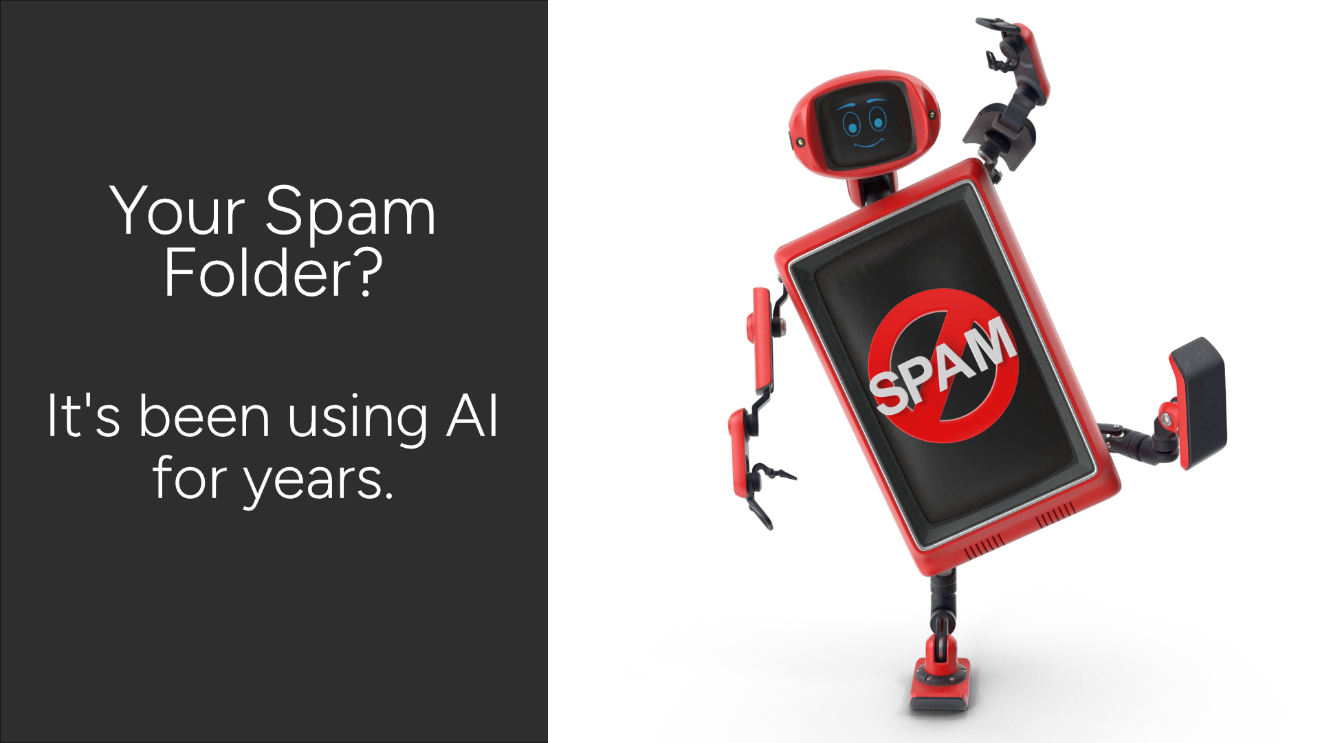 A retro robot striking a pose with a "no spam" symbol on a screen in its torso.